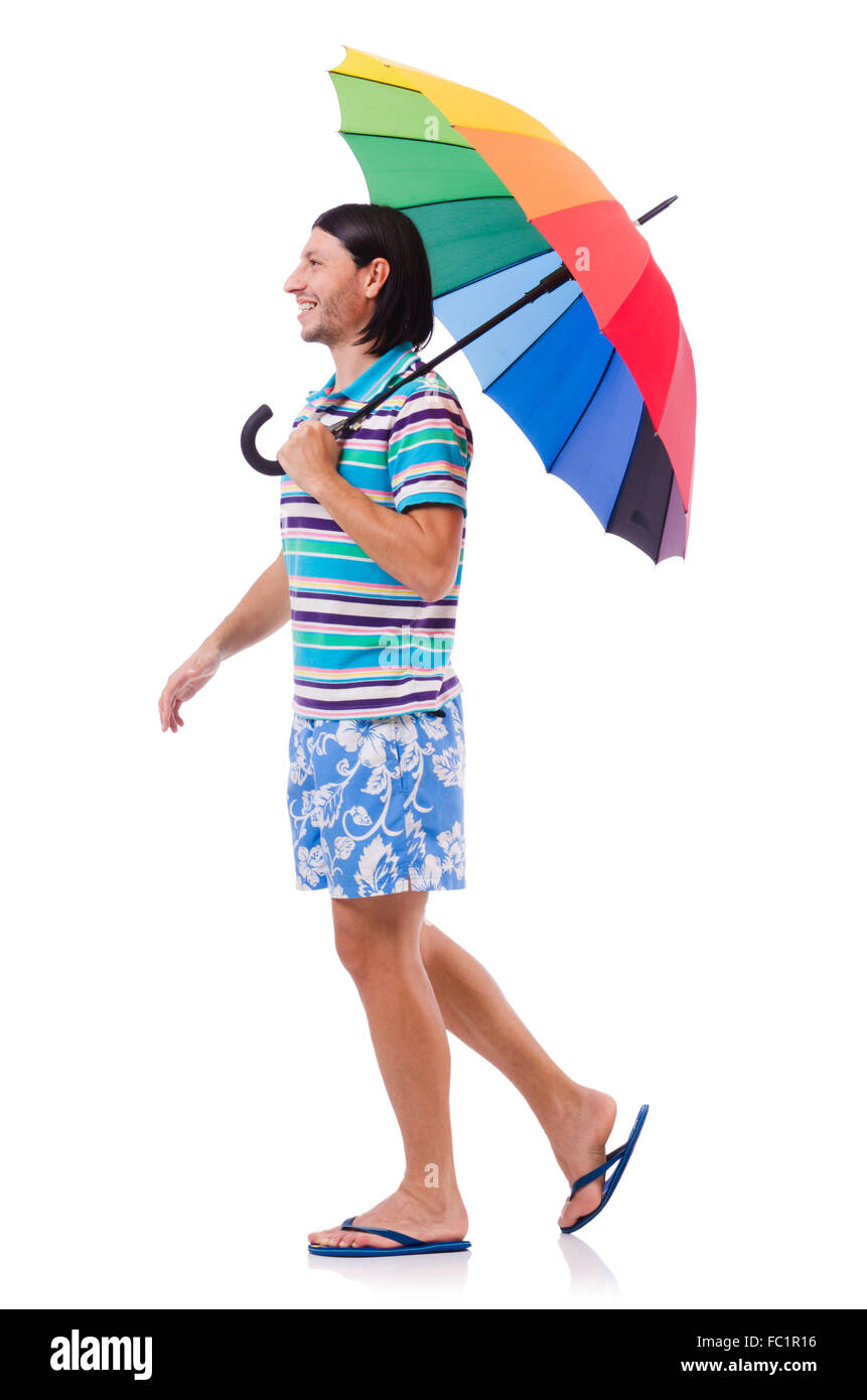 Positive man with colorful umbrella isolated on white Stock Photo - Alamy
