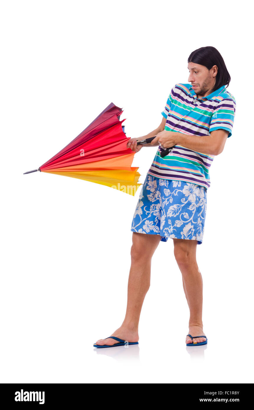 Positive man with colorful umbrella isolated on white Stock Photo - Alamy