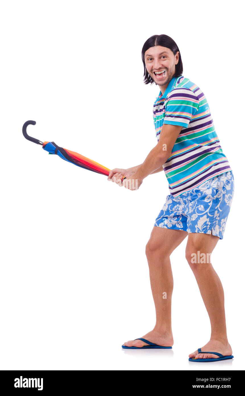 Positive man with colorful umbrella isolated on white Stock Photo - Alamy