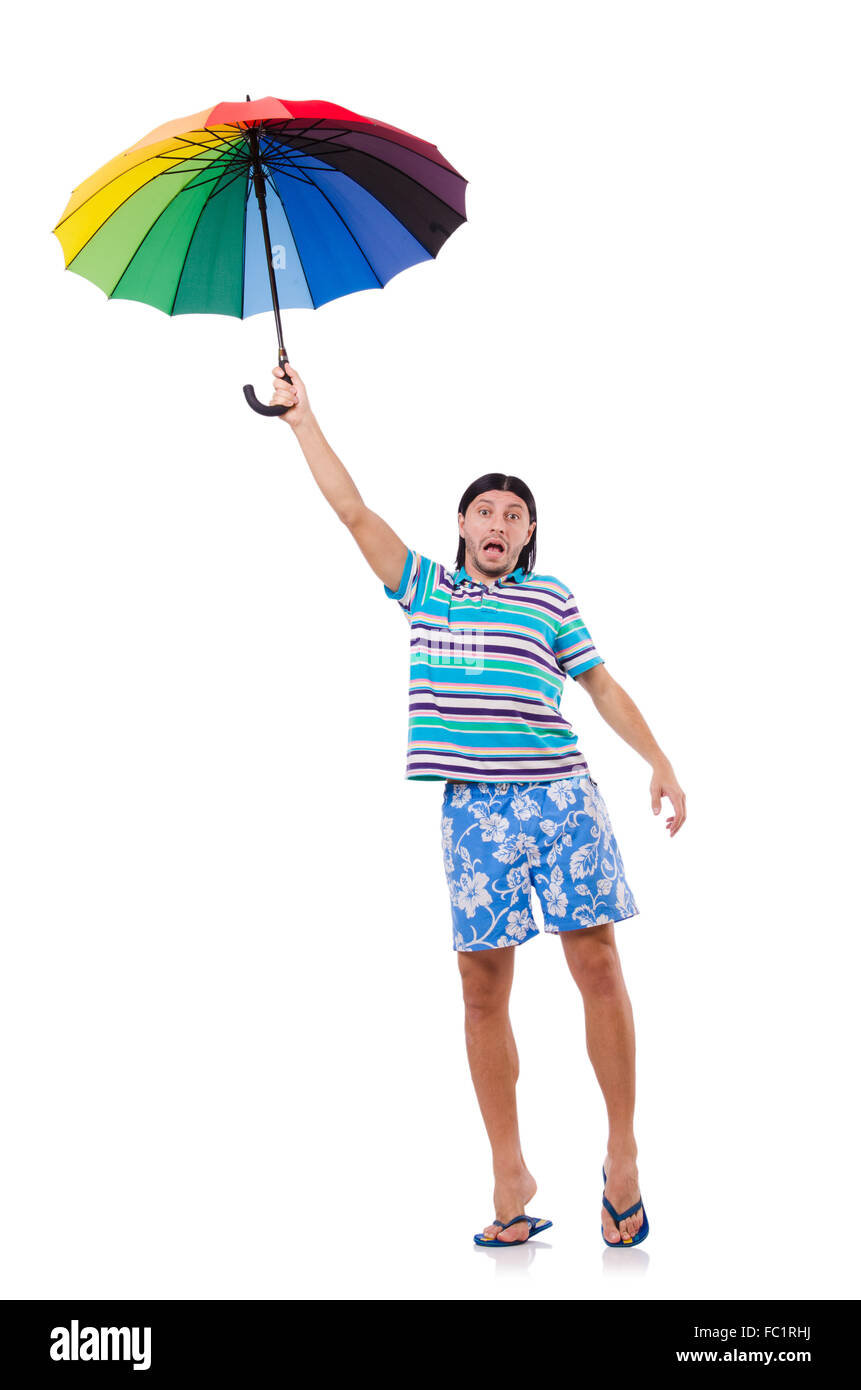 Positive man with colorful umbrella isolated on white Stock Photo - Alamy