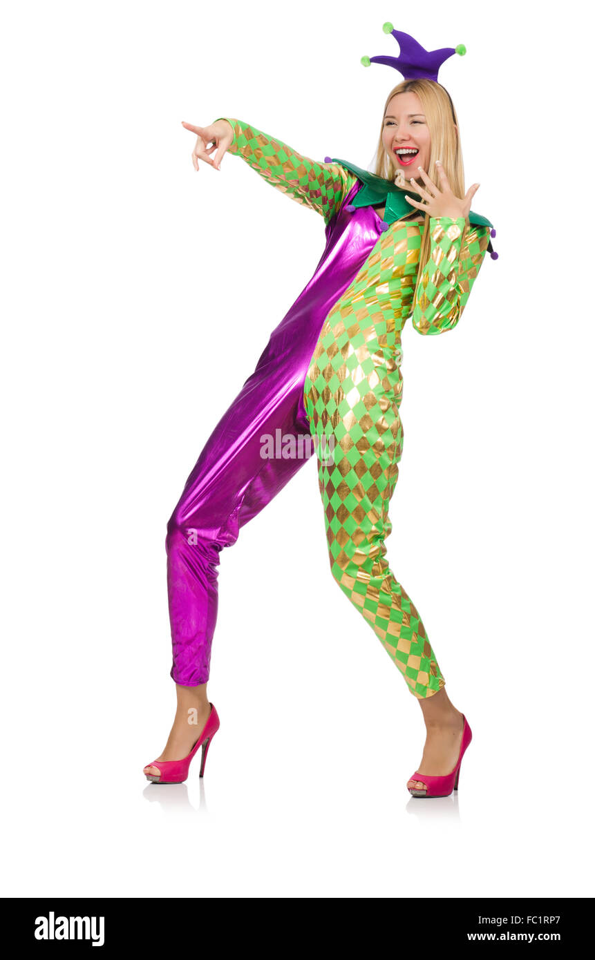 Woman wearing clown costume isolated on white Stock Photo - Alamy