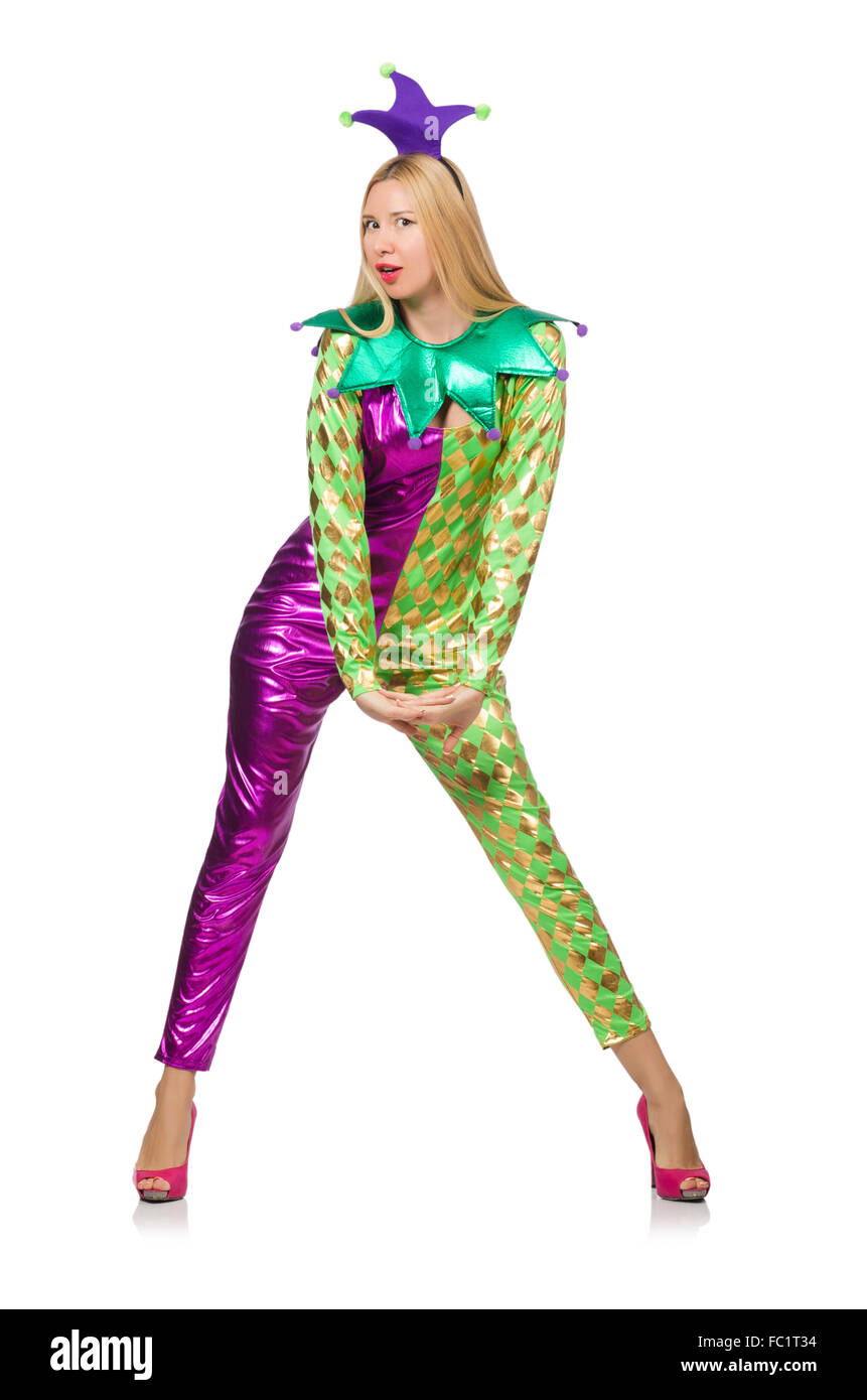 Woman wearing clown costume isolated on white Stock Photo - Alamy