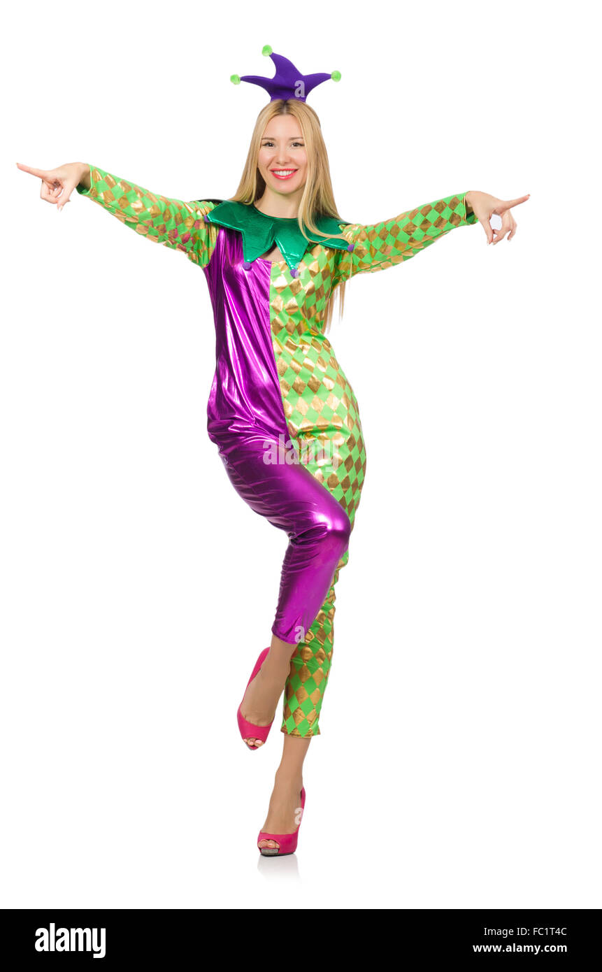 Woman wearing clown costume isolated on white Stock Photo - Alamy