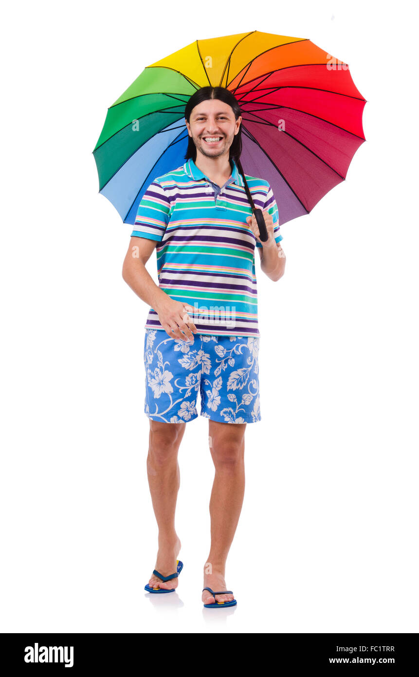 Positive man with colorful umbrella isolated on white Stock Photo - Alamy
