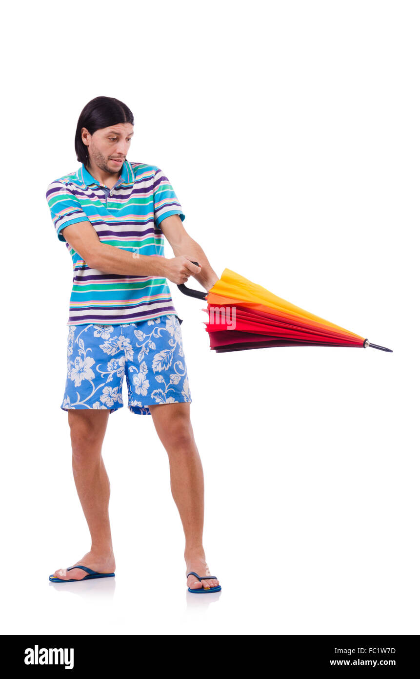 Positive man with colorful umbrella isolated on white Stock Photo - Alamy