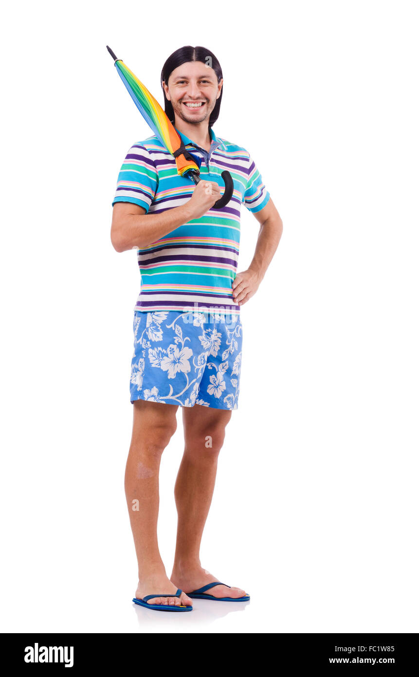 Positive man with colorful umbrella isolated on white Stock Photo - Alamy