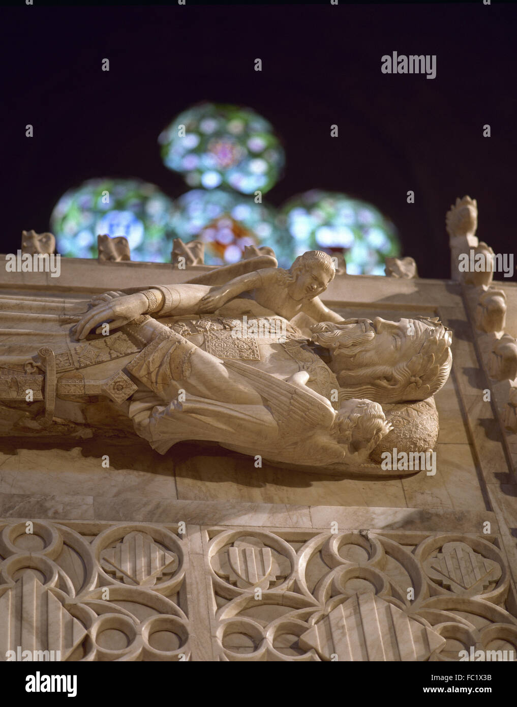 Alfonso II of Aragon called the Chaste (1154-1196). King of the Kingdom of Aragon. Tomb of Alfonso II. Royal Pantheon. Restored by Frederic Mares (1893-1991). Monastery of Poblet. Vimbodi. Catalonia. Spain. Stock Photo