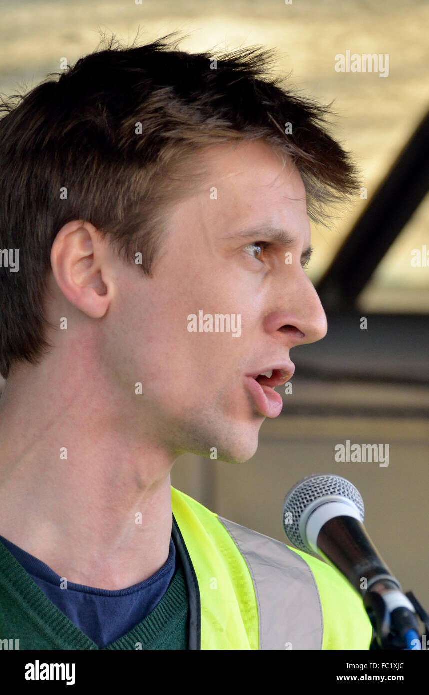 Guy Shrubsole, Climate & energy campaigner at Friends of the Earth, speaking at the Climate Change Rally in London,  2015 Stock Photo