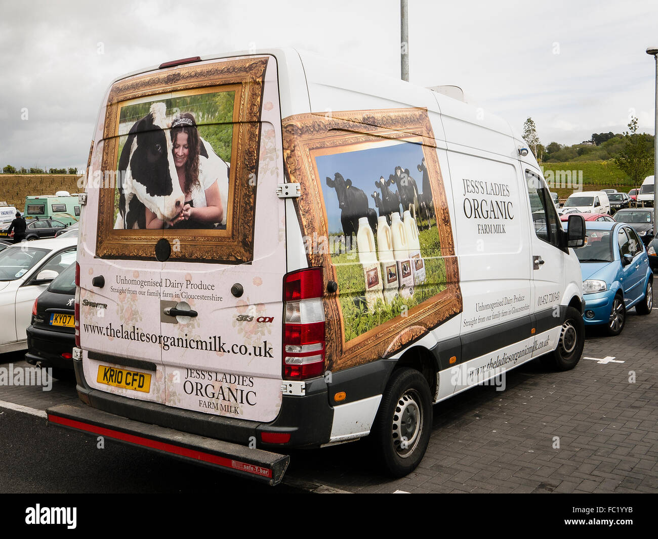 Rear and side of white van delivering organic milk to a customer showing painting illustrating provenance Stock Photo
