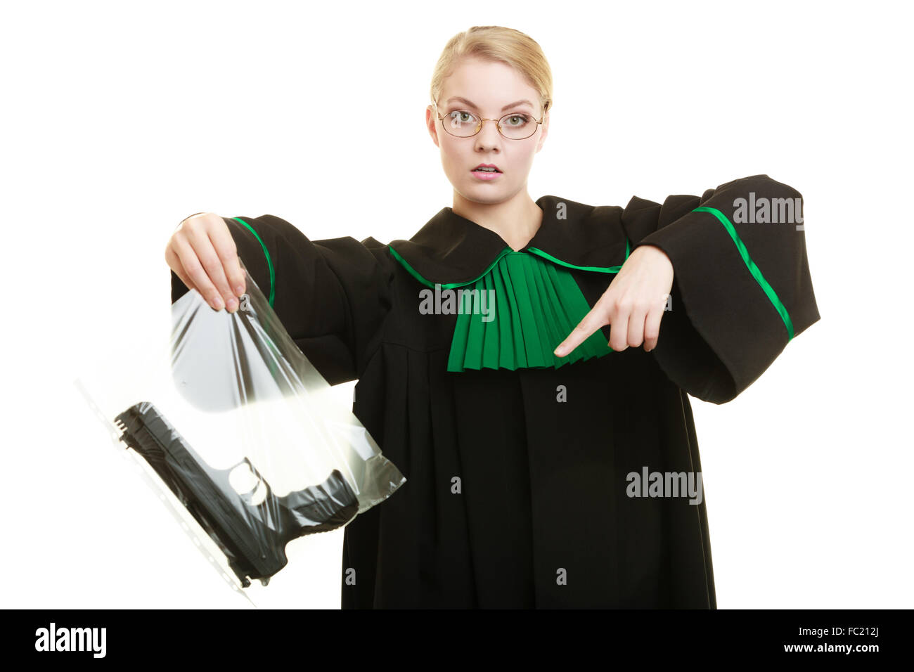 Woman lawyer with gun bag marked evidence for crime. Stock Photo