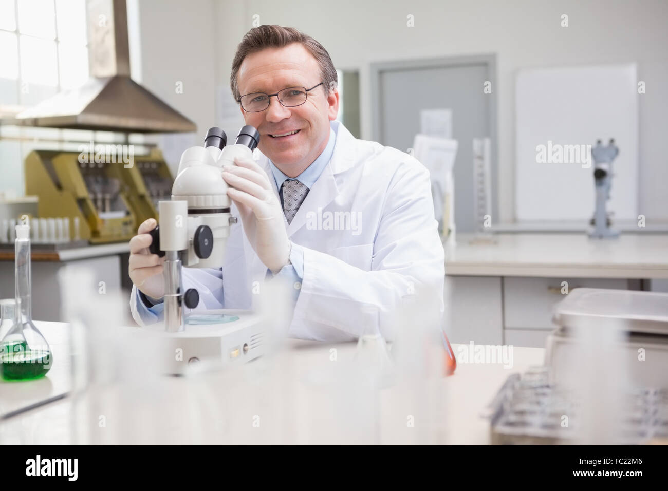 Scientist examining petri dish with microscope Stock Photo - Alamy