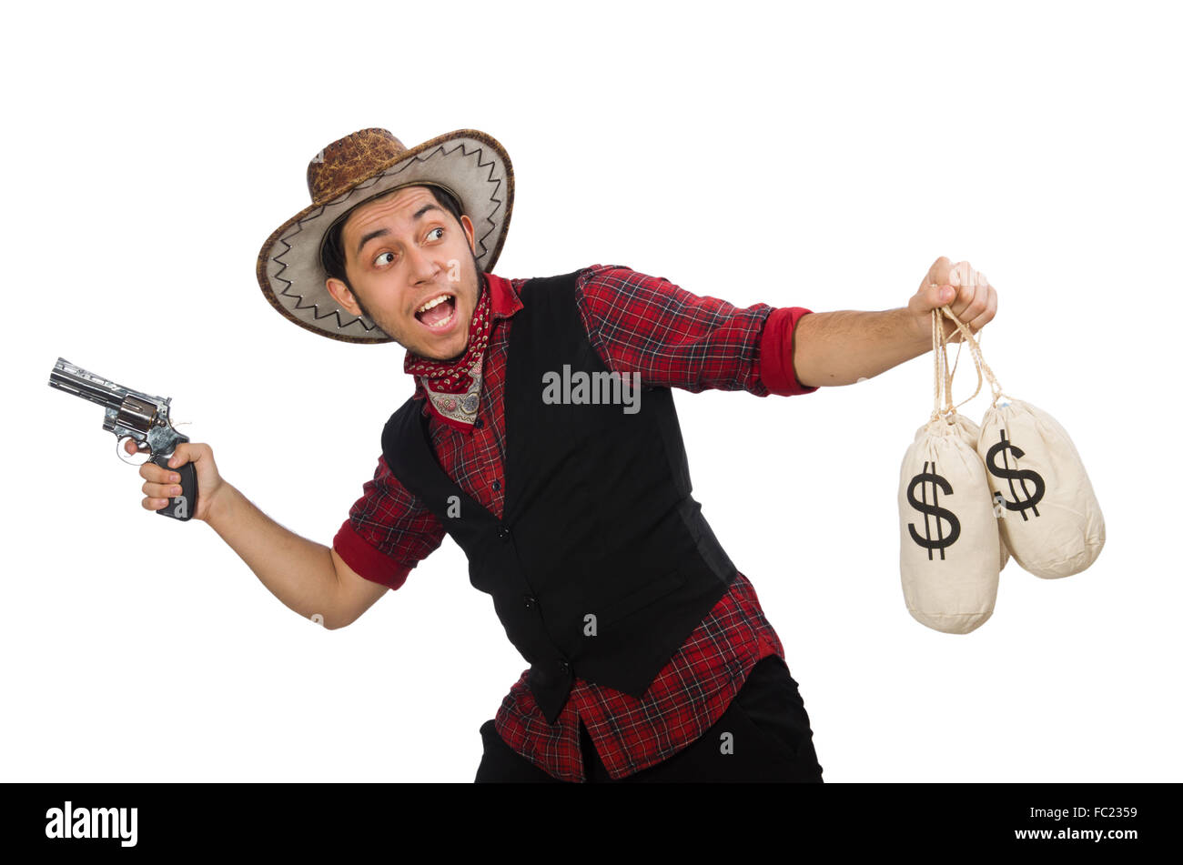 Young cowboy with gun and money bags isolated on white Stock Photo