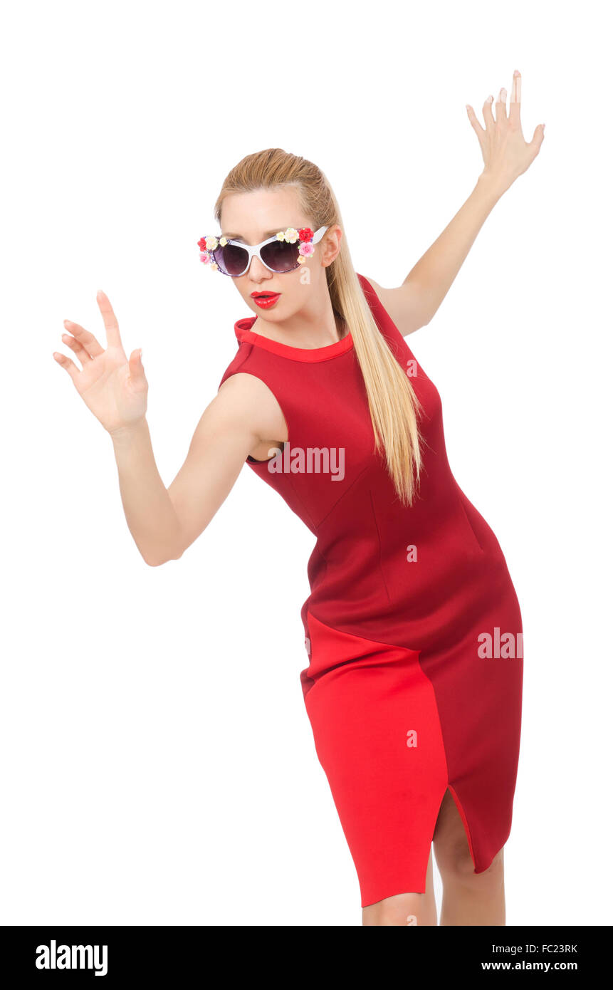 Pretty young woman in red dress isolated on white Stock Photo - Alamy