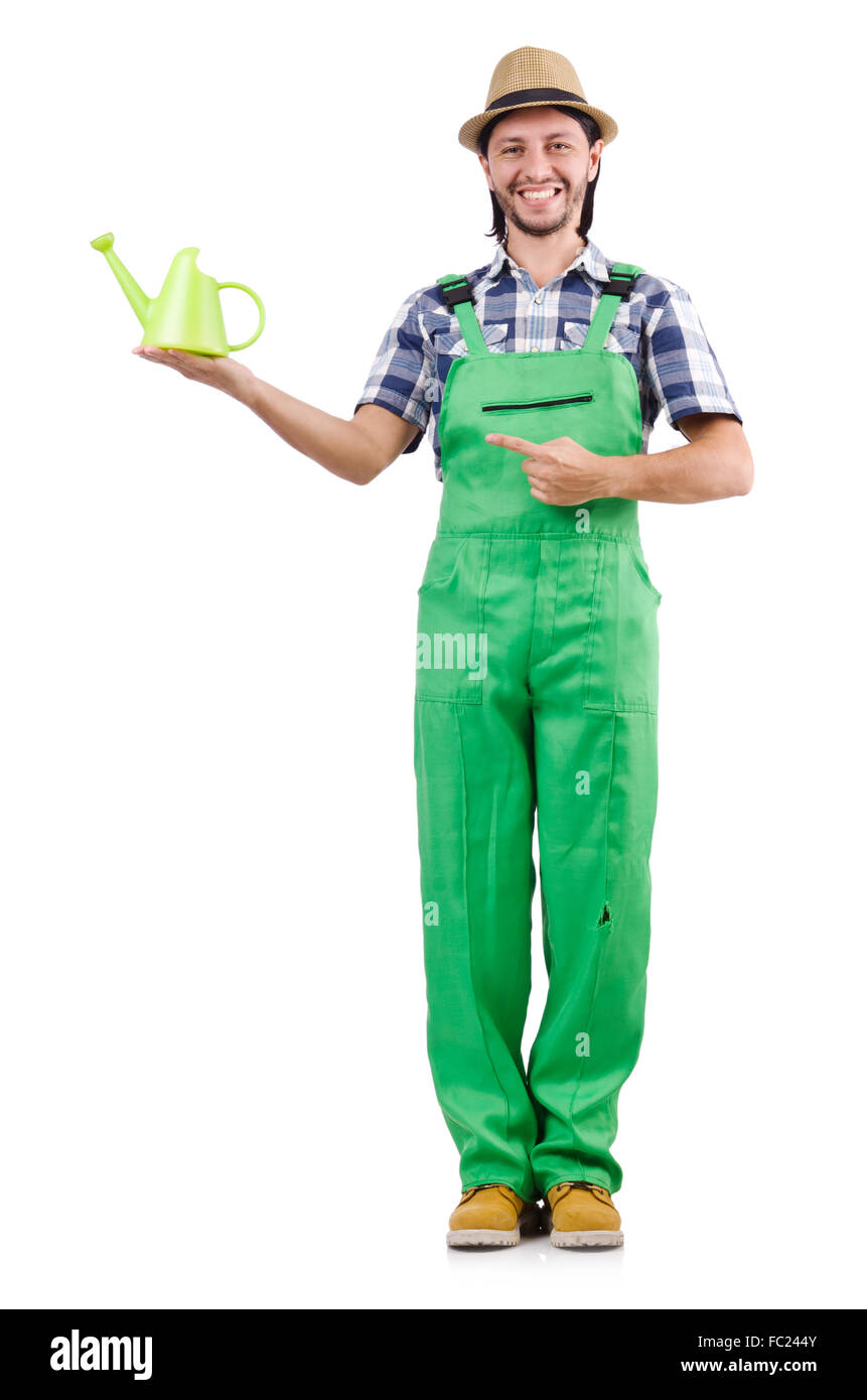 Young cheerful gardener with watering can isolated on white Stock Photo ...