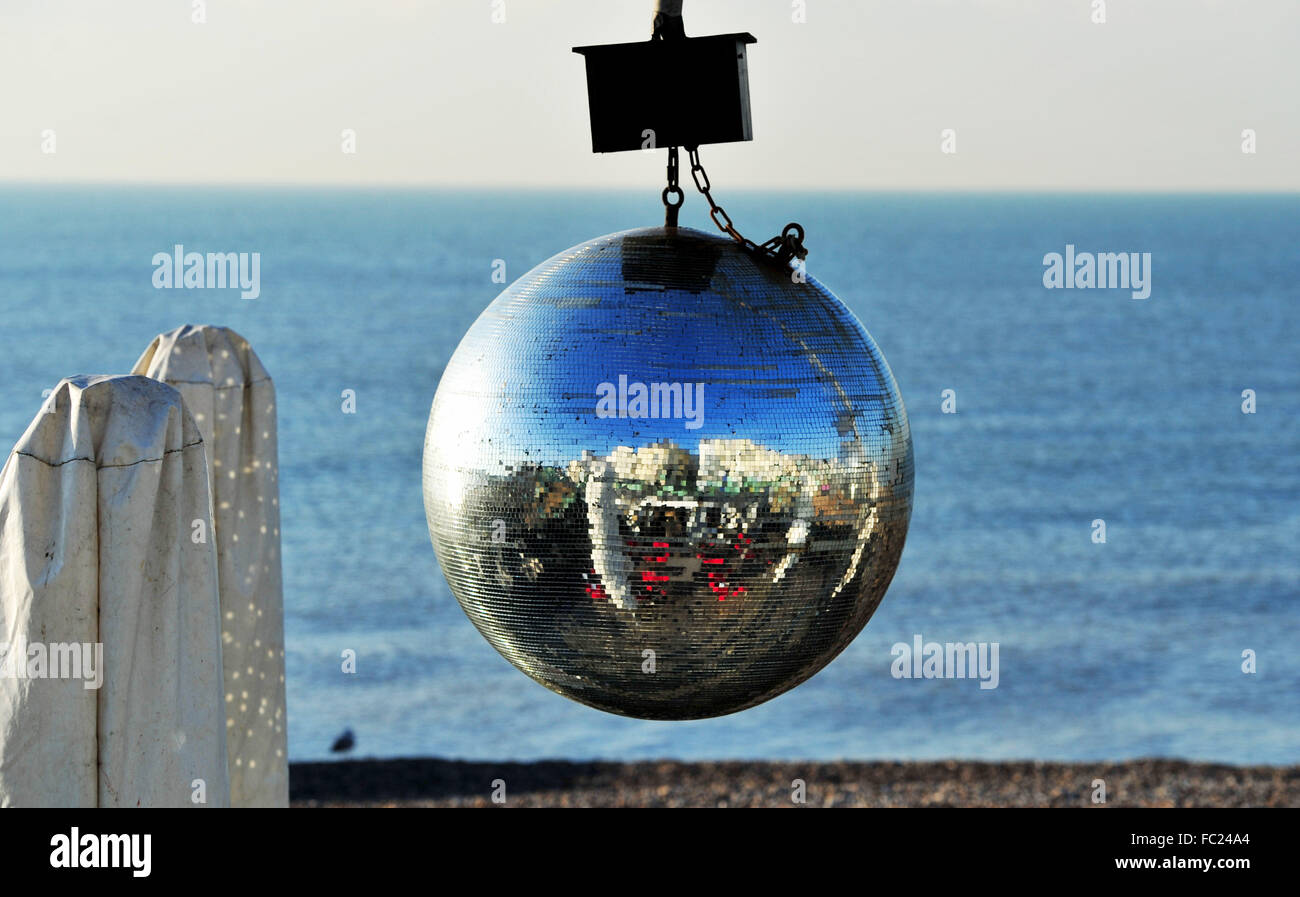 Brighton UK 20th January 2016 - Brighton seafront is reflected on this disco ball at the OHSO bar on a beautiful sunny but cold morning . The weather is forecast to remain sunny and cold until the weekend when wind and rain are expected to return to Britain Credit:  Simon Dack/Alamy Live News Stock Photo