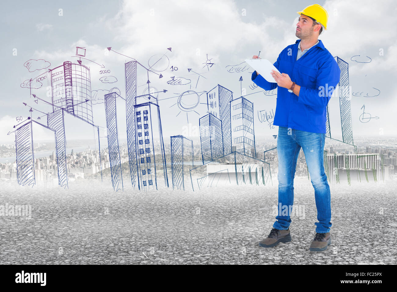 Composite image of manual worker looking up while writing on clipboard Stock Photo