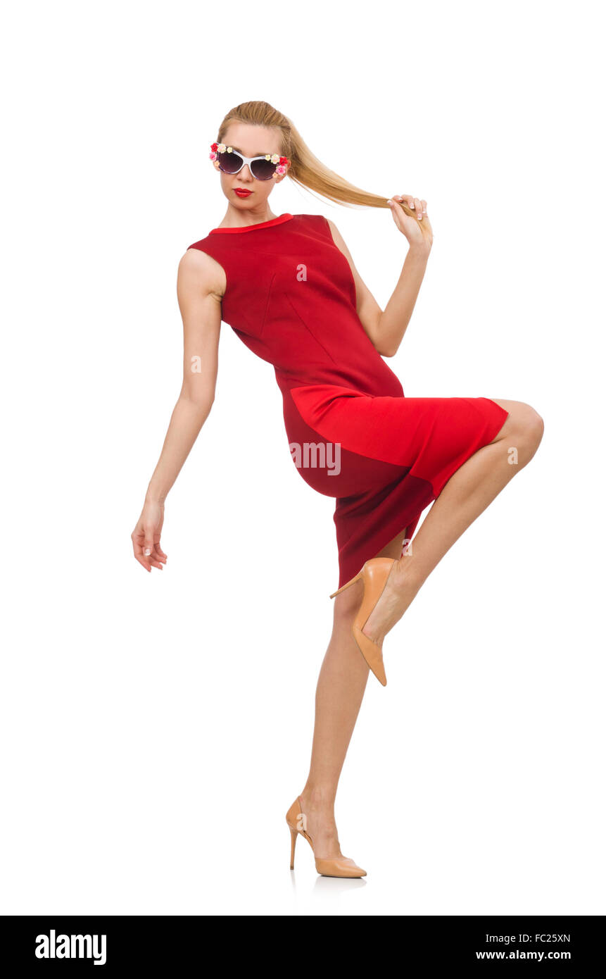 Pretty young woman in red dress isolated on white Stock Photo - Alamy