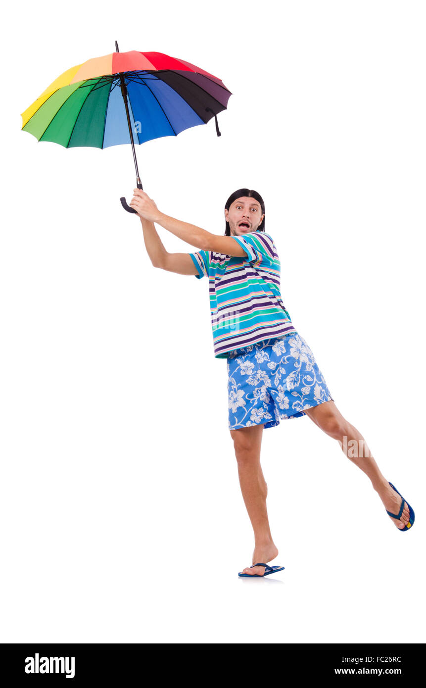 Positive man with colorful umbrella isolated on white Stock Photo - Alamy