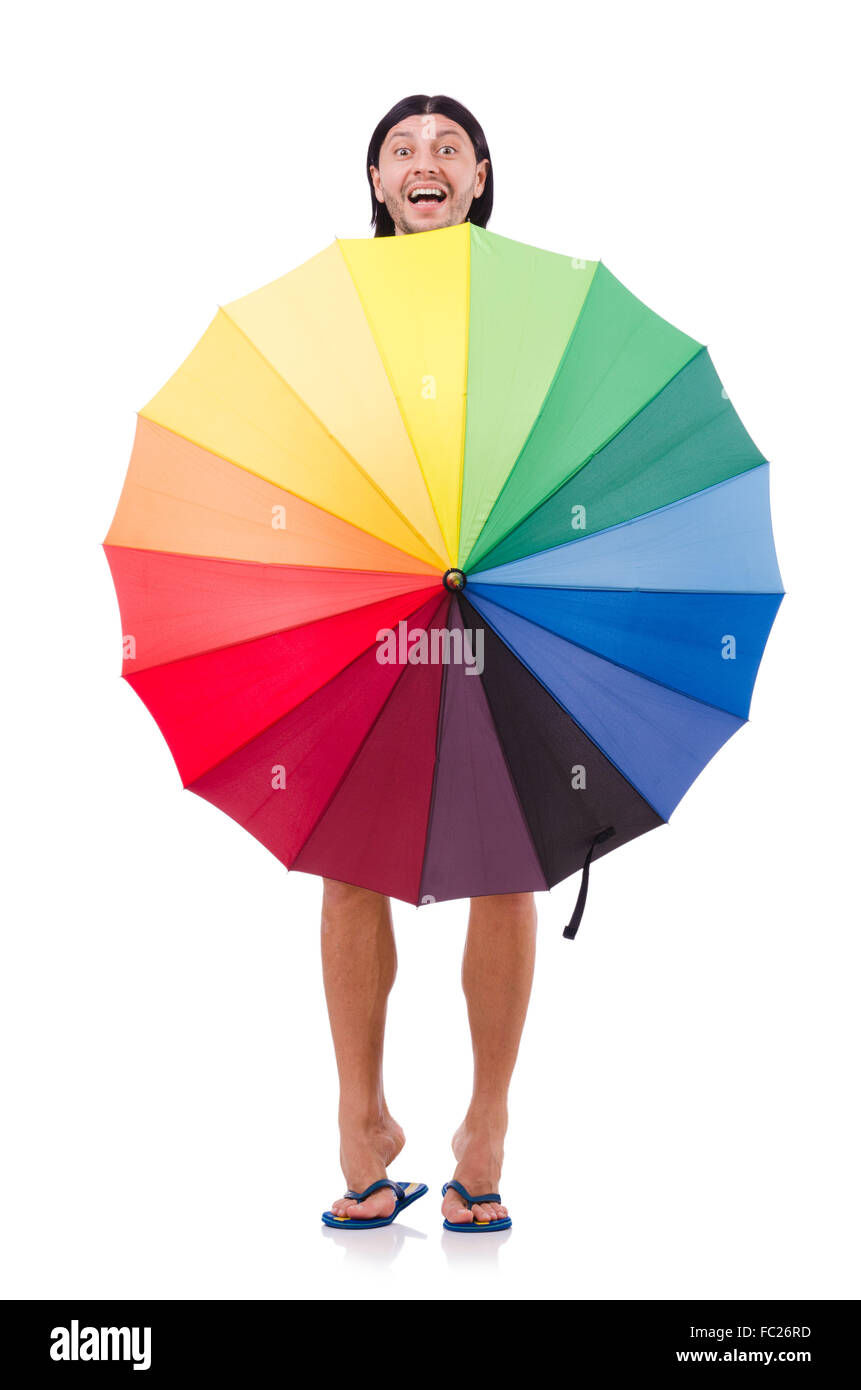 Positive man with colorful umbrella isolated on white Stock Photo - Alamy