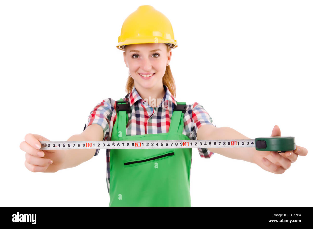 Female handyman in overalls isolated on white Stock Photo - Alamy