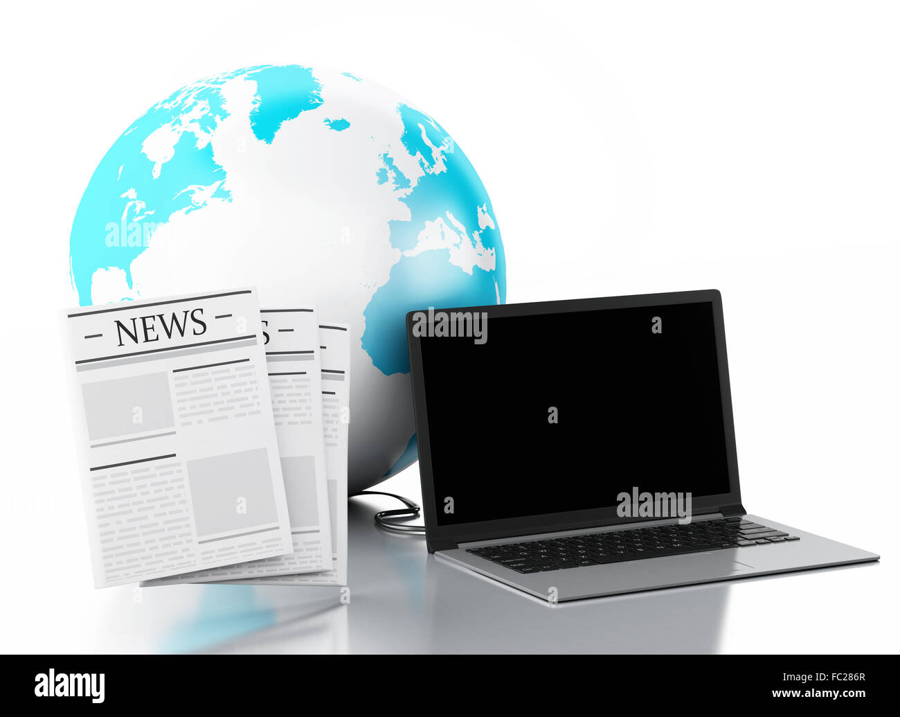 3d Laptop with news and earth globe. Media concept Stock Photo