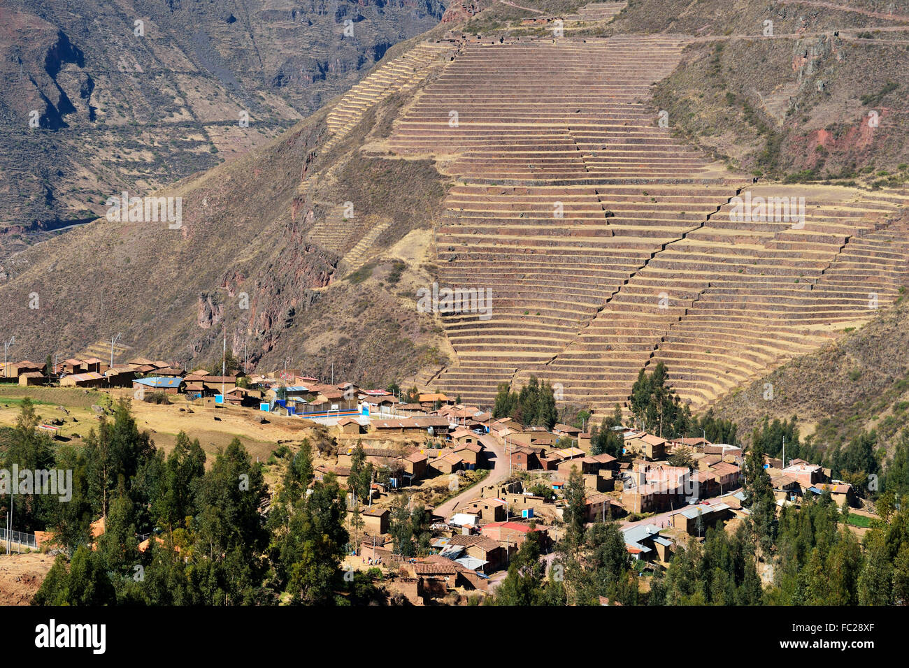 Inca terraces, Sacred Valley, Valle Sagrado, Pisac or Pisaq, Cusco Province, Peru Stock Photo