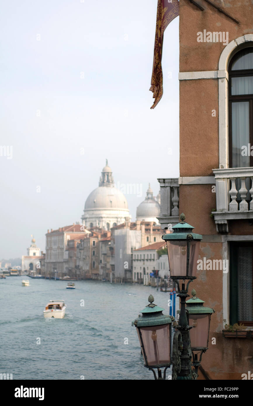 Lampposts on main canal in Venice Stock Photo