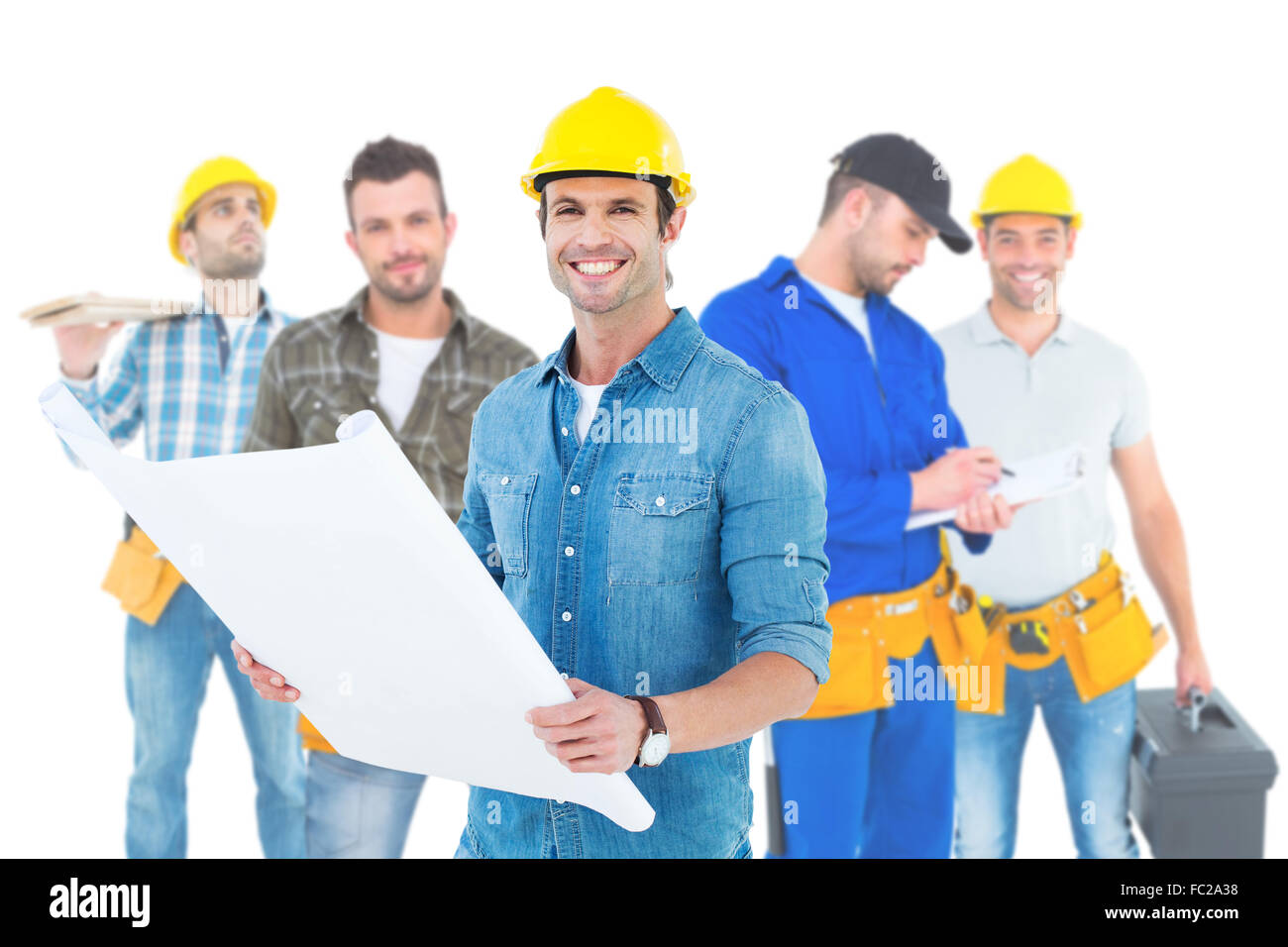 Composite image of happy architect holding blueprint in house Stock Photo