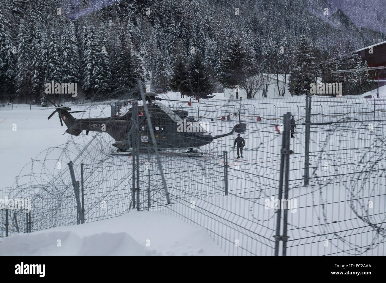 Davos, Switzerland. 20th Jan, 2016. A military helicopter is seen in Davos, Switzerland, Jan. 20, 2016. The 46th WEF annual meeting will convene from 20 to 23 Jan. in Davos, under the theme of 'Mastering the Fourth Industrial Revolution'. Credit:  Xu Jinquan/Xinhua/Alamy Live News Stock Photo