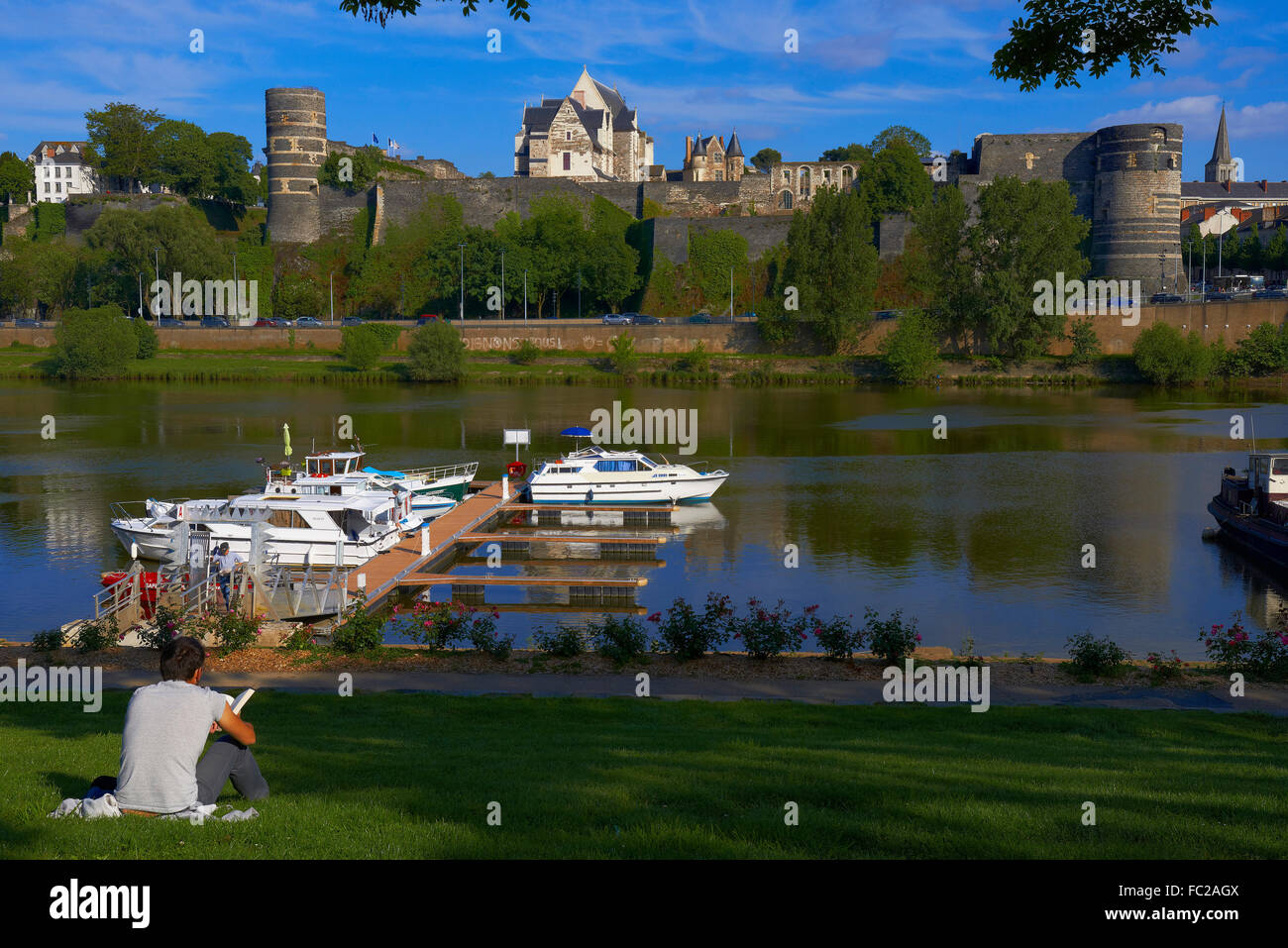 Château d'Angers, castle and harbour on the Maine river, Angers, Maine-et-Loire, Anjou, Pays de la Loire, Loire Valley Stock Photo