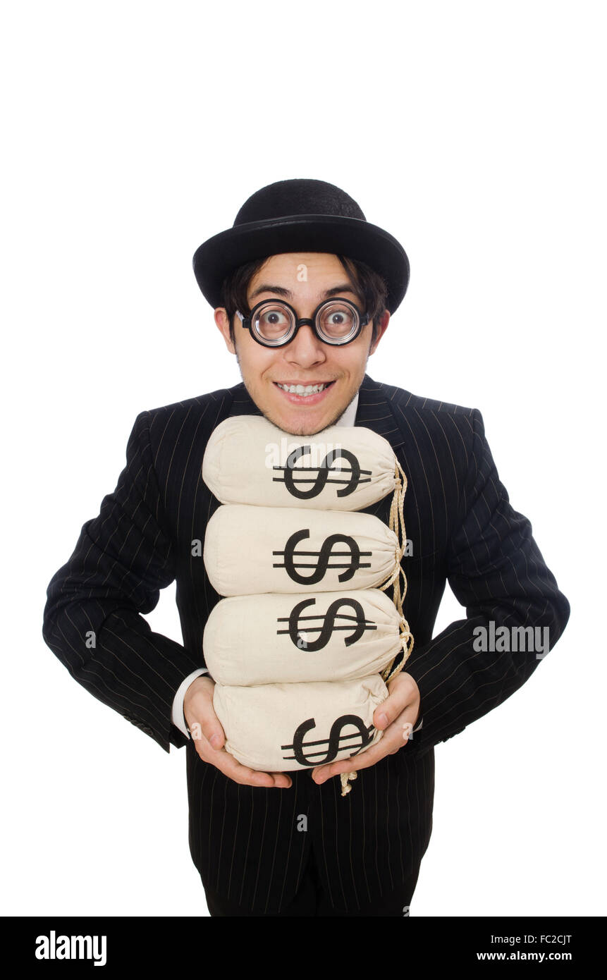 Young employee holding money bags isolated on white Stock Photo Alamy
