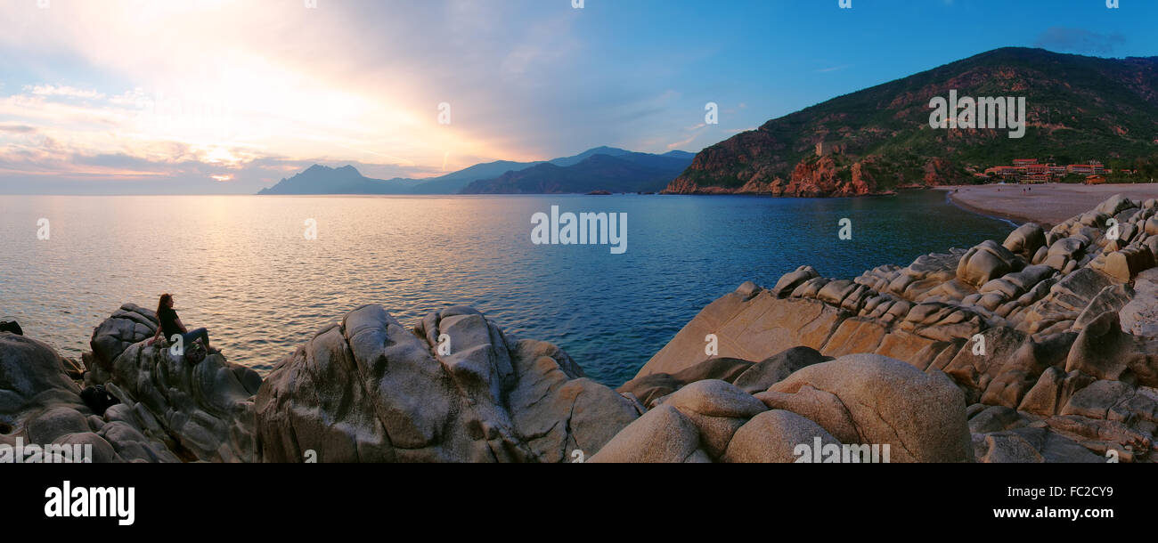 Sunset on the beach of Porto - Corsica Stock Photo