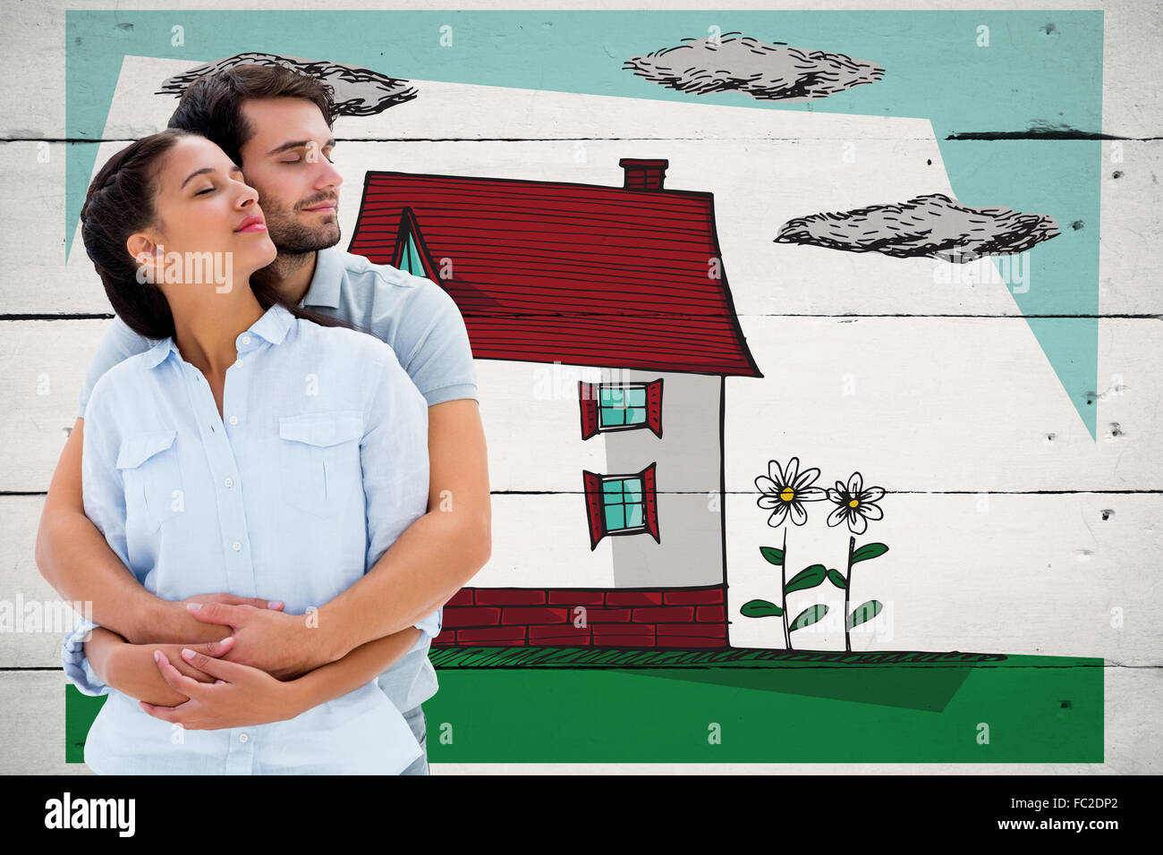 Composite image of cute couple embracing with eyes closed Stock Photo
