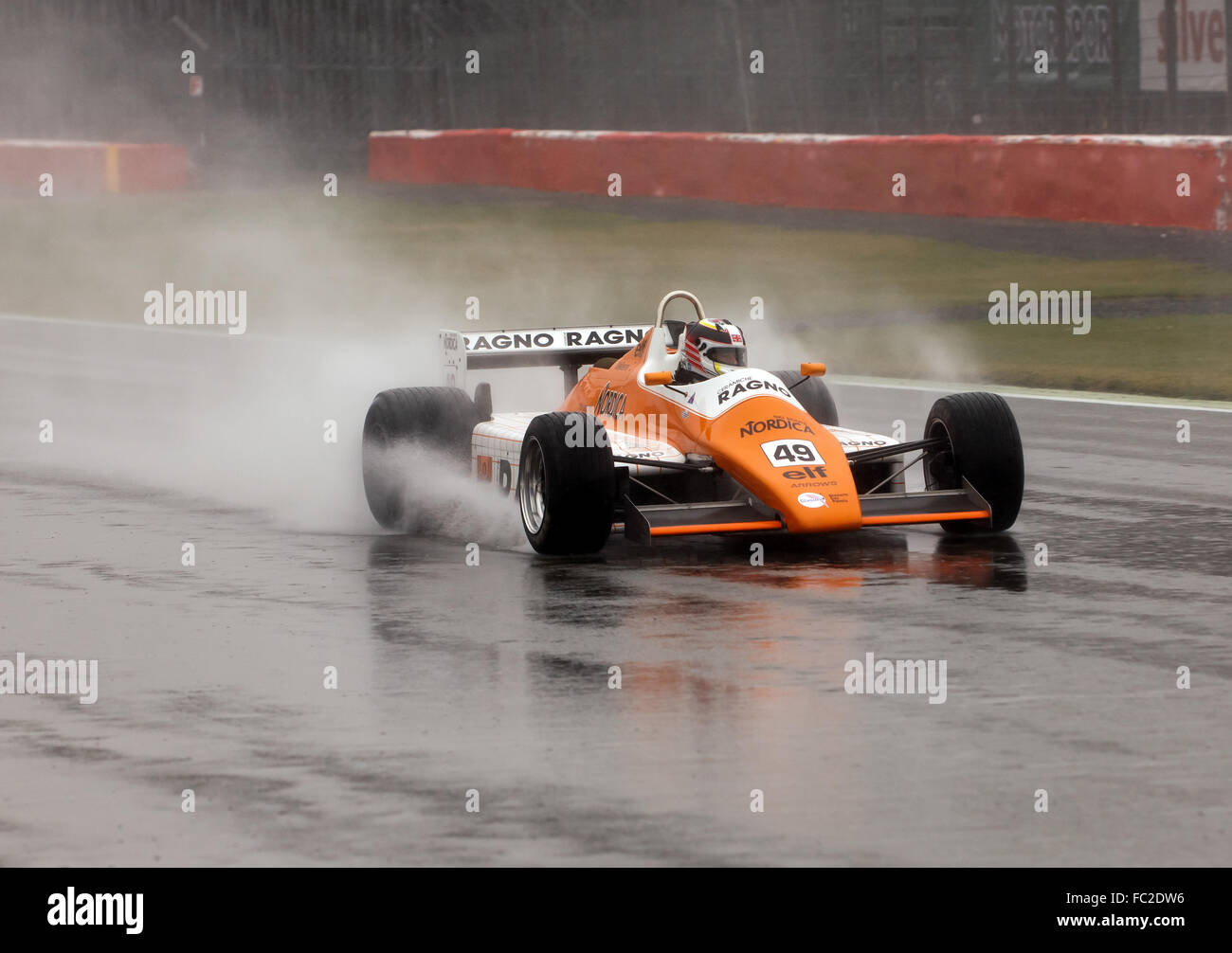 A 1982, Arrows A5 Formula 1 car, Qualifying in the rain, or the FIA Historic Formula One Race at the Silverstone Classic 2015 Stock Photo