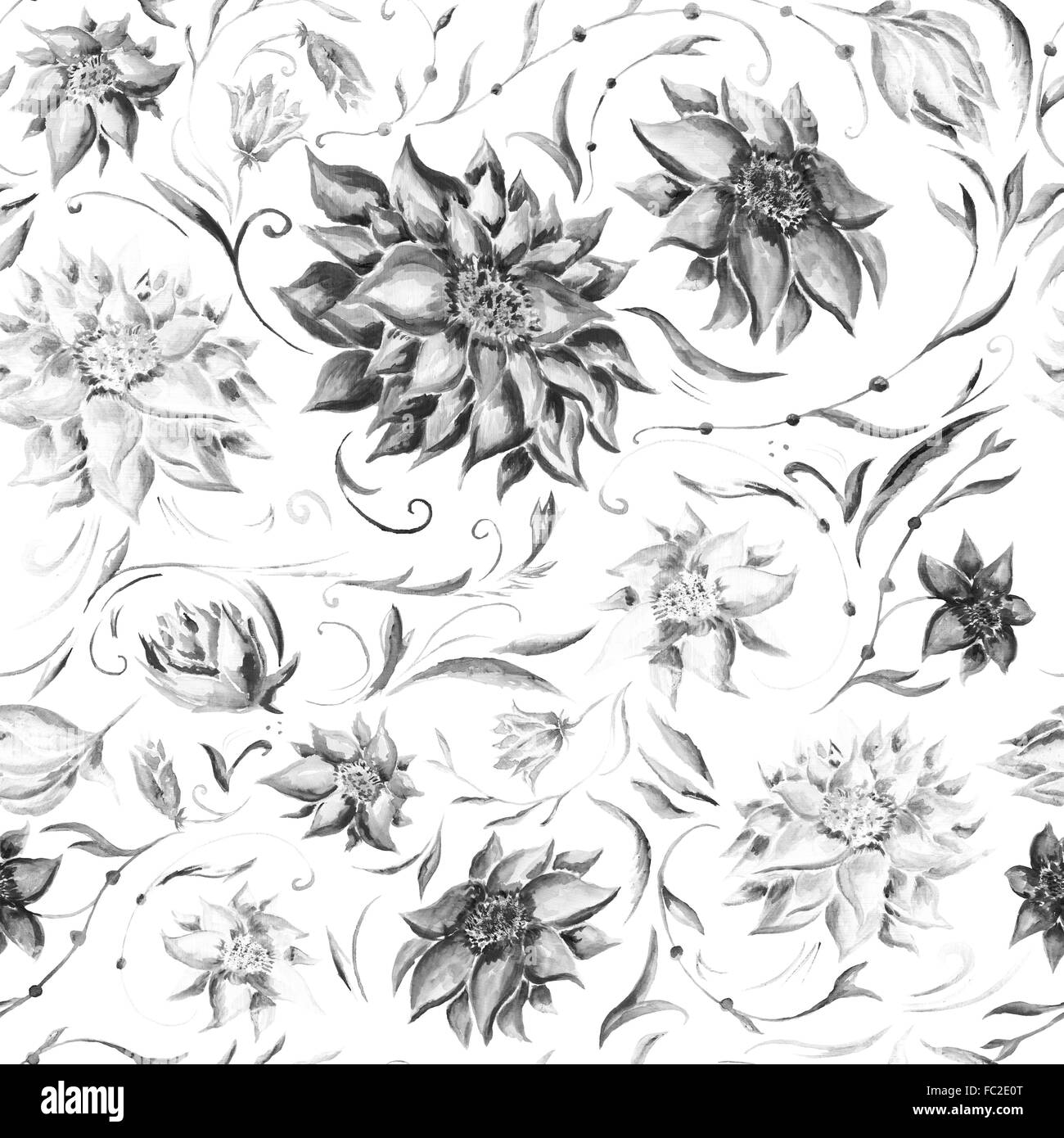 Seamless background with black hand-painted flowers on pastel lining Stock Photo