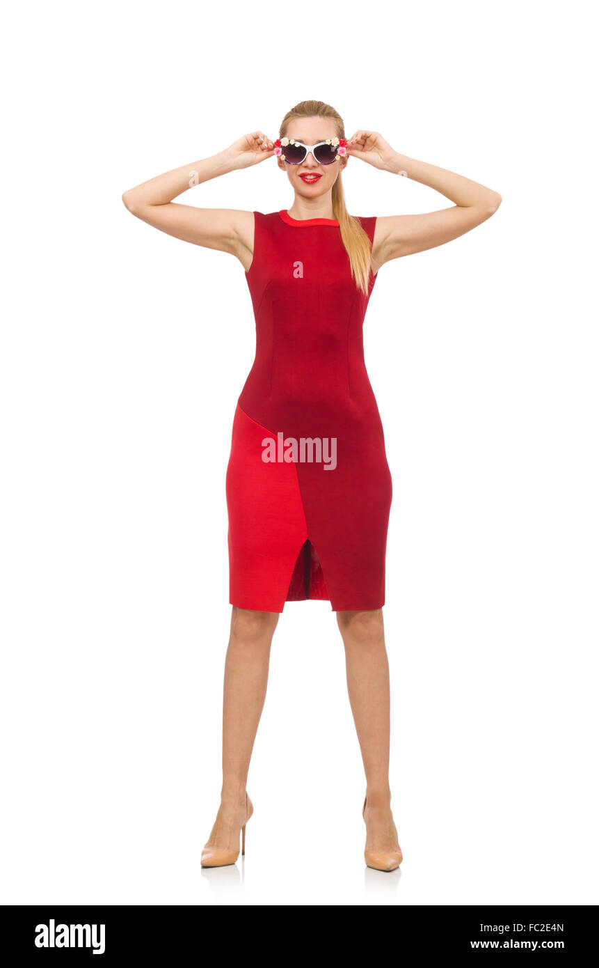 Pretty young woman in red dress isolated on white Stock Photo - Alamy