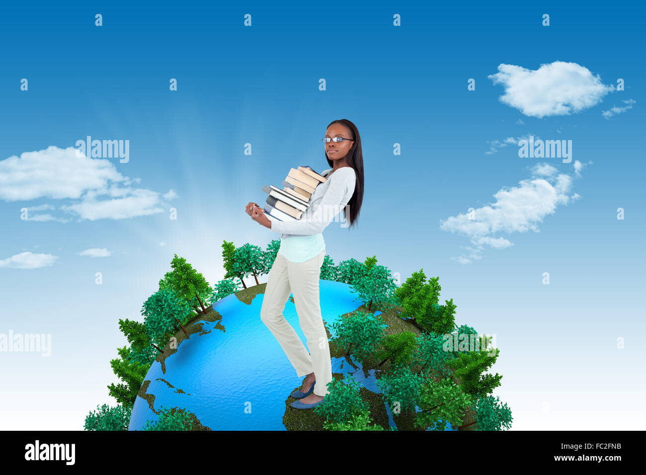 Composite image of side view of young woman carrying a pile of books ...