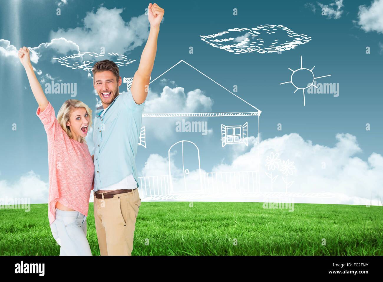 Composite image of attractive couple smiling and cheering Stock Photo ...