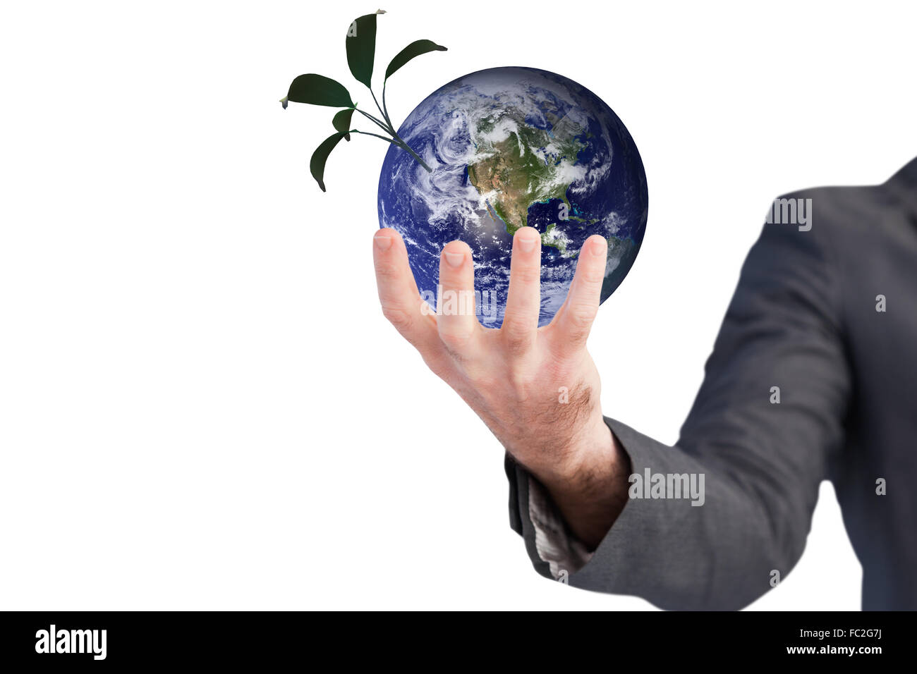 Composite image of businessman presenting with his hands Stock Photo