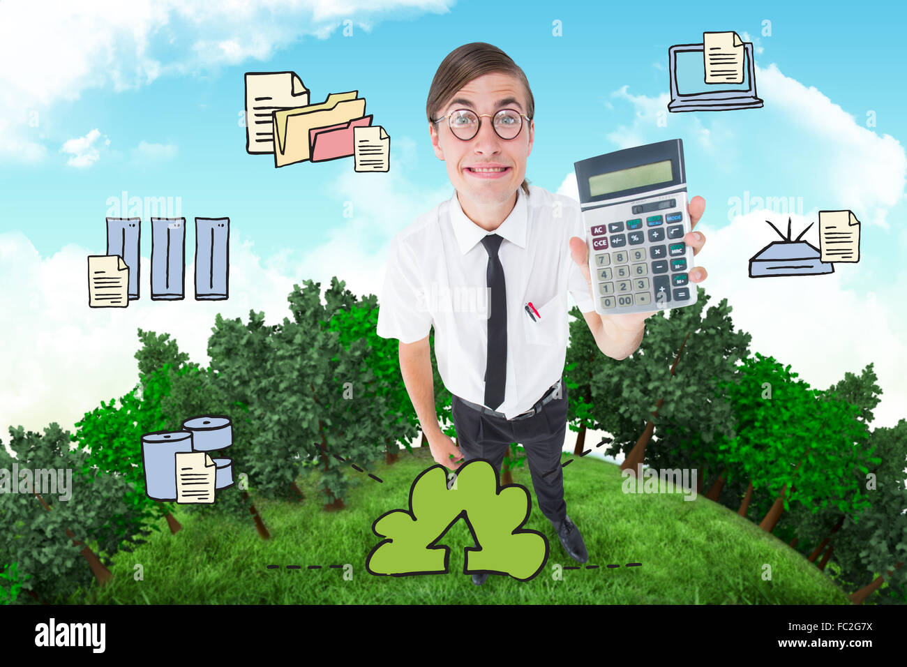 Composite image of geeky smiling businessman showing calculator Stock Photo
