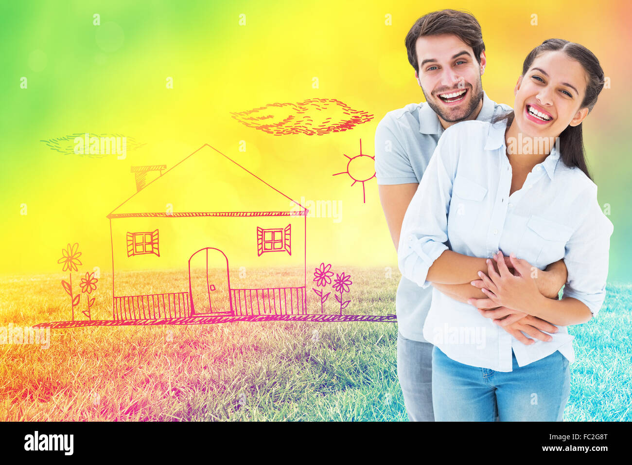 Composite image of cute couple hugging and smiling at camera Stock ...