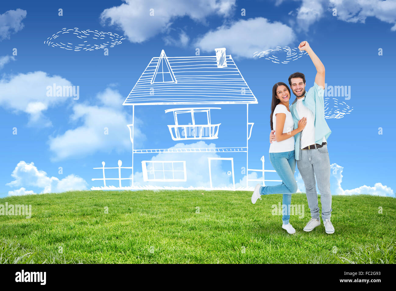 Composite image of happy casual couple cheering at camera Stock Photo ...