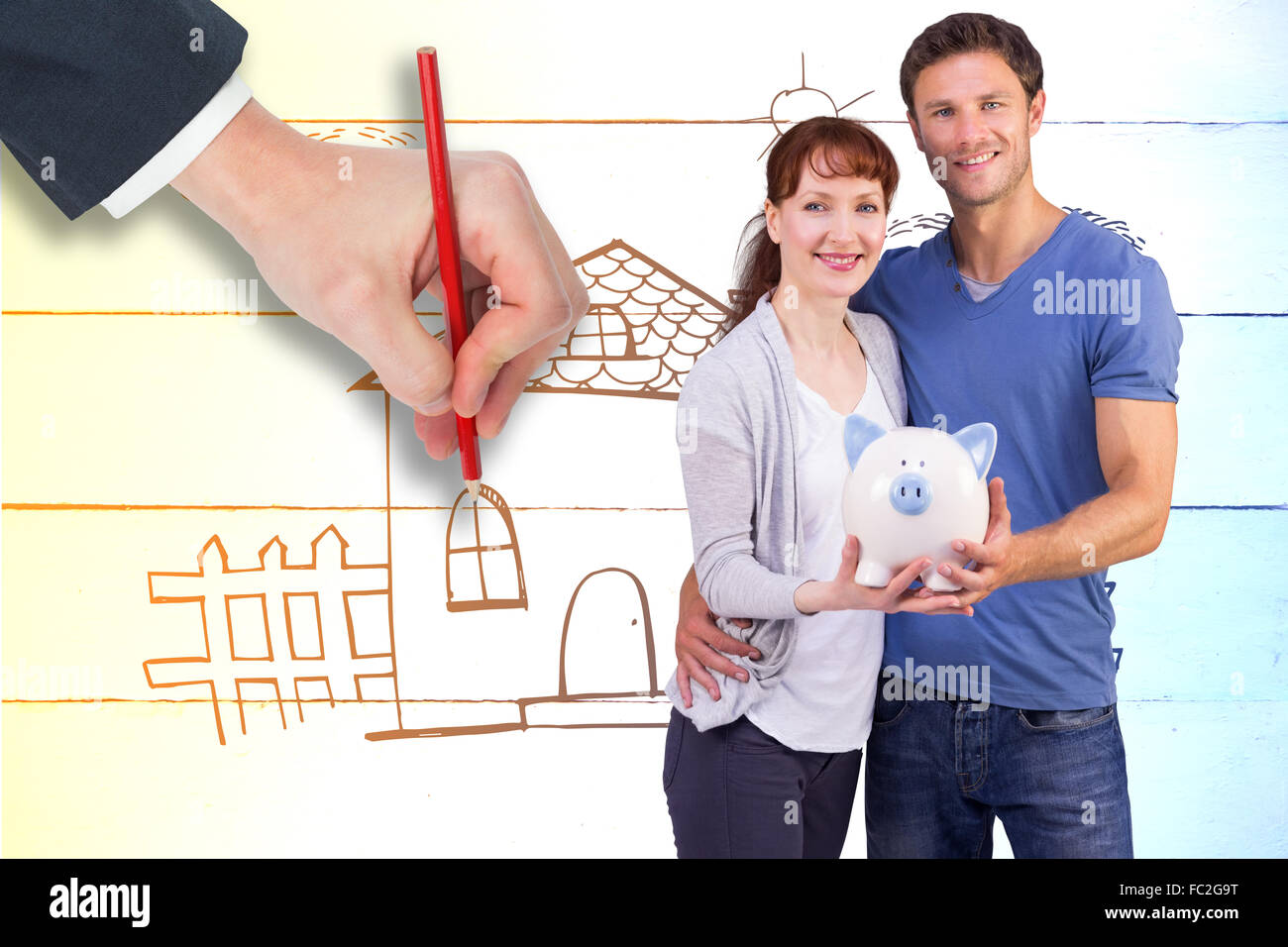 Composite image of couple holding a white piggy bank Stock Photo - Alamy
