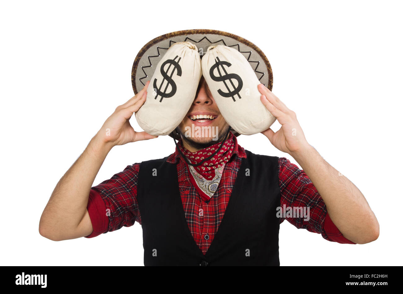 Young cowboy with money bags isolated on white Stock Photo