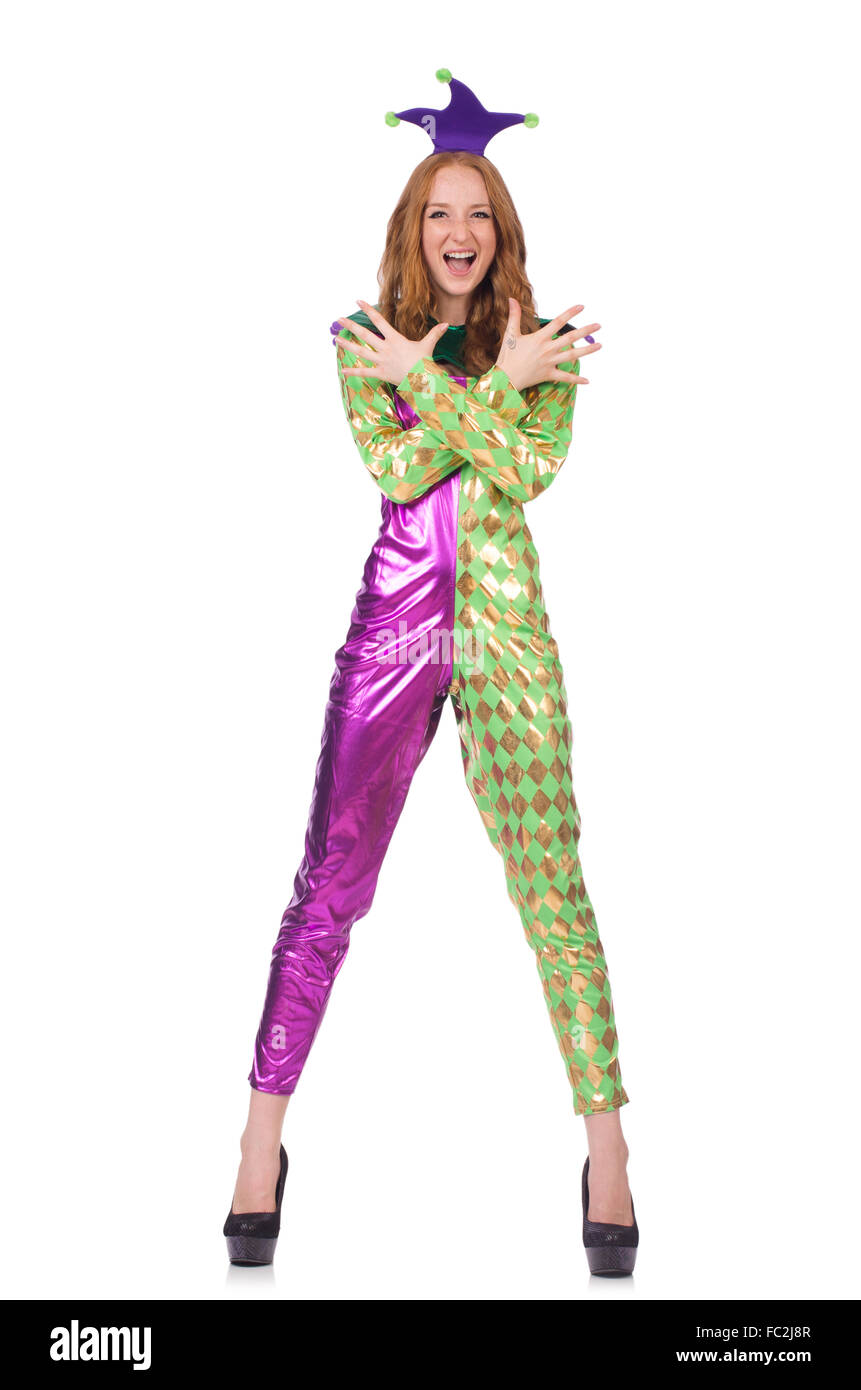 Woman wearing clown costume isolated on white Stock Photo - Alamy