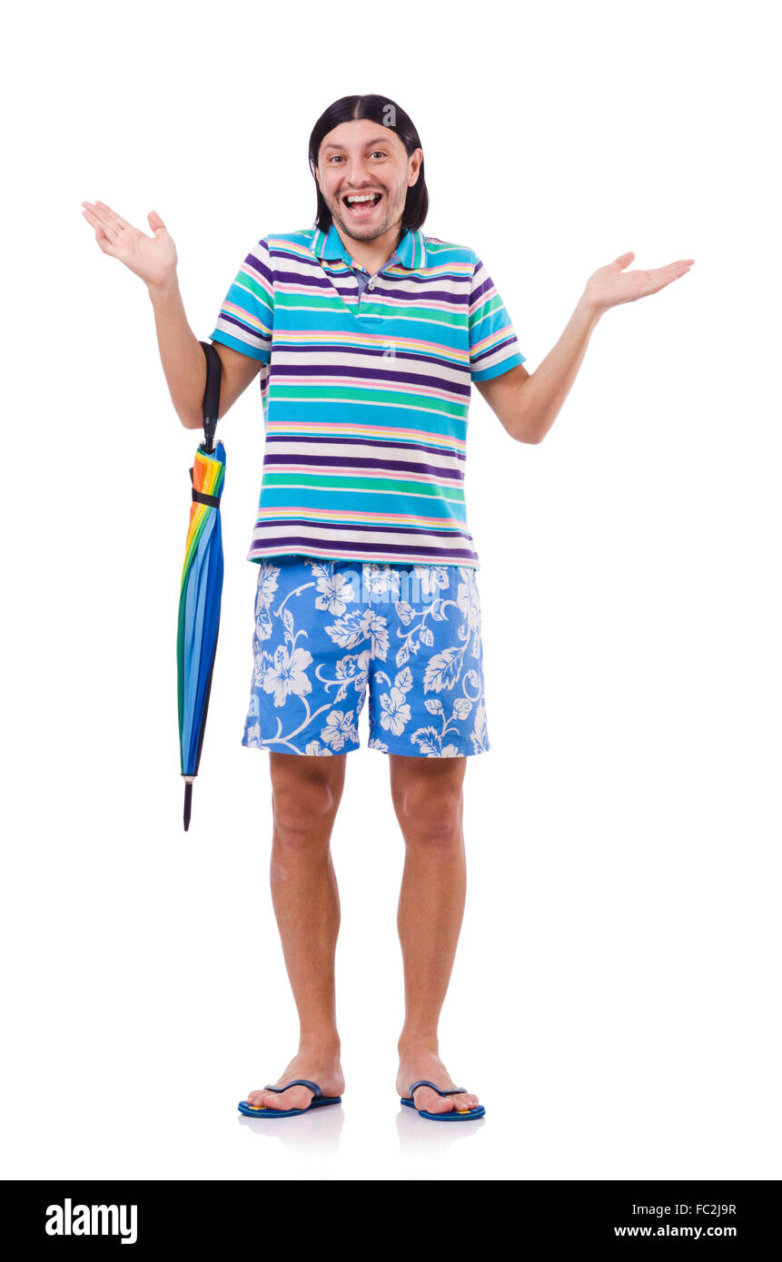 Positive man with colorful umbrella isolated on white Stock Photo - Alamy