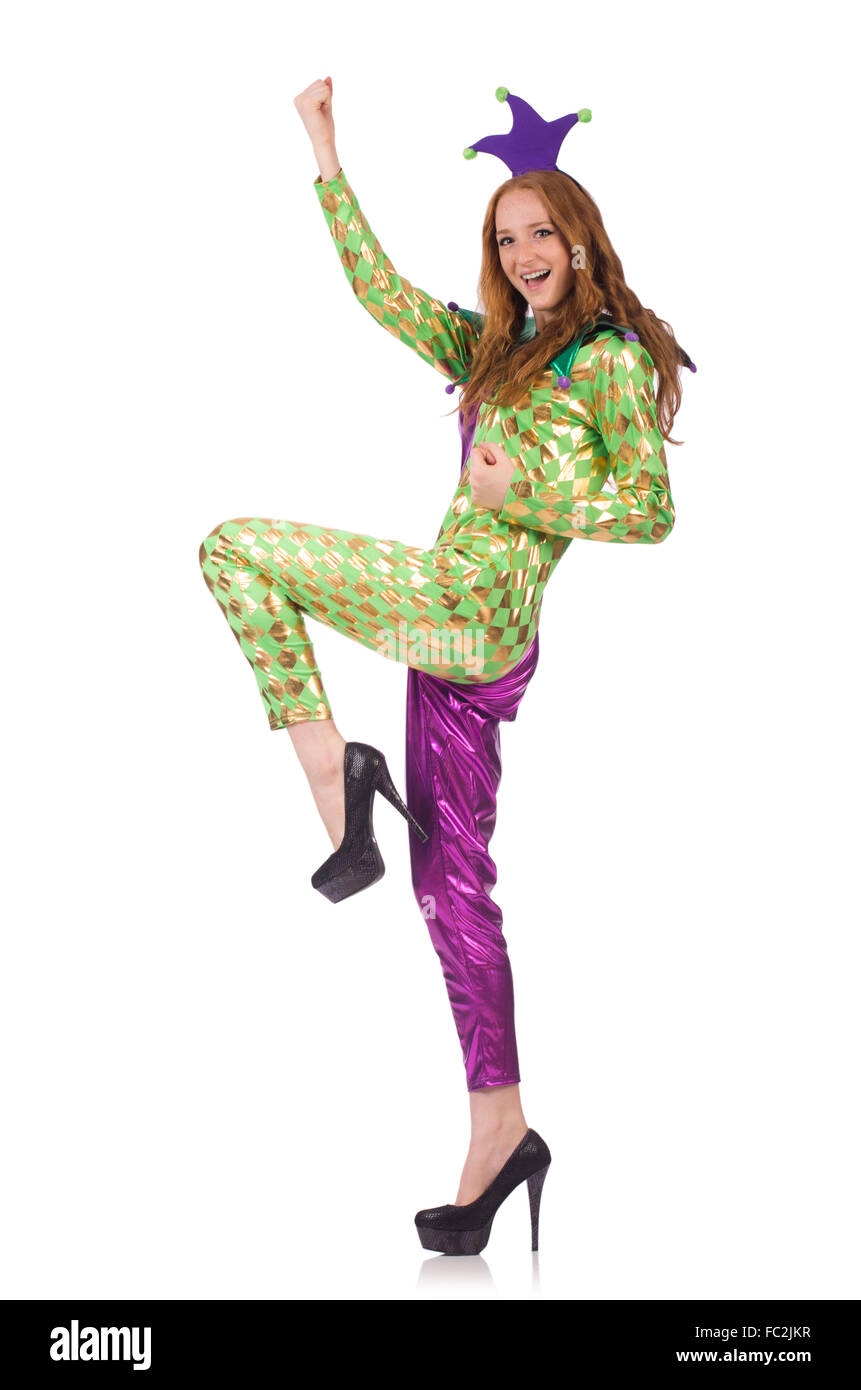 Woman wearing clown costume isolated on white Stock Photo - Alamy