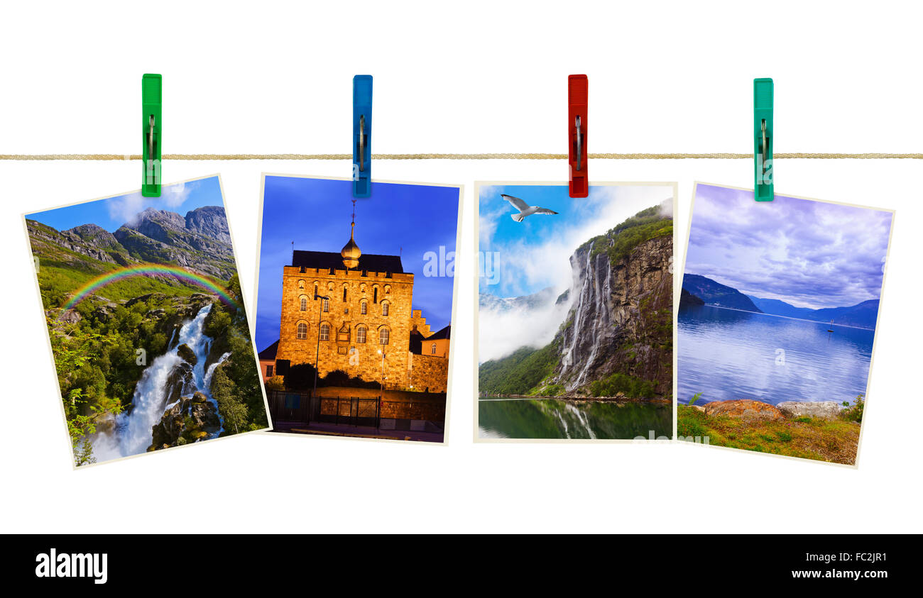Norway travel photography on clothespins Stock Photo