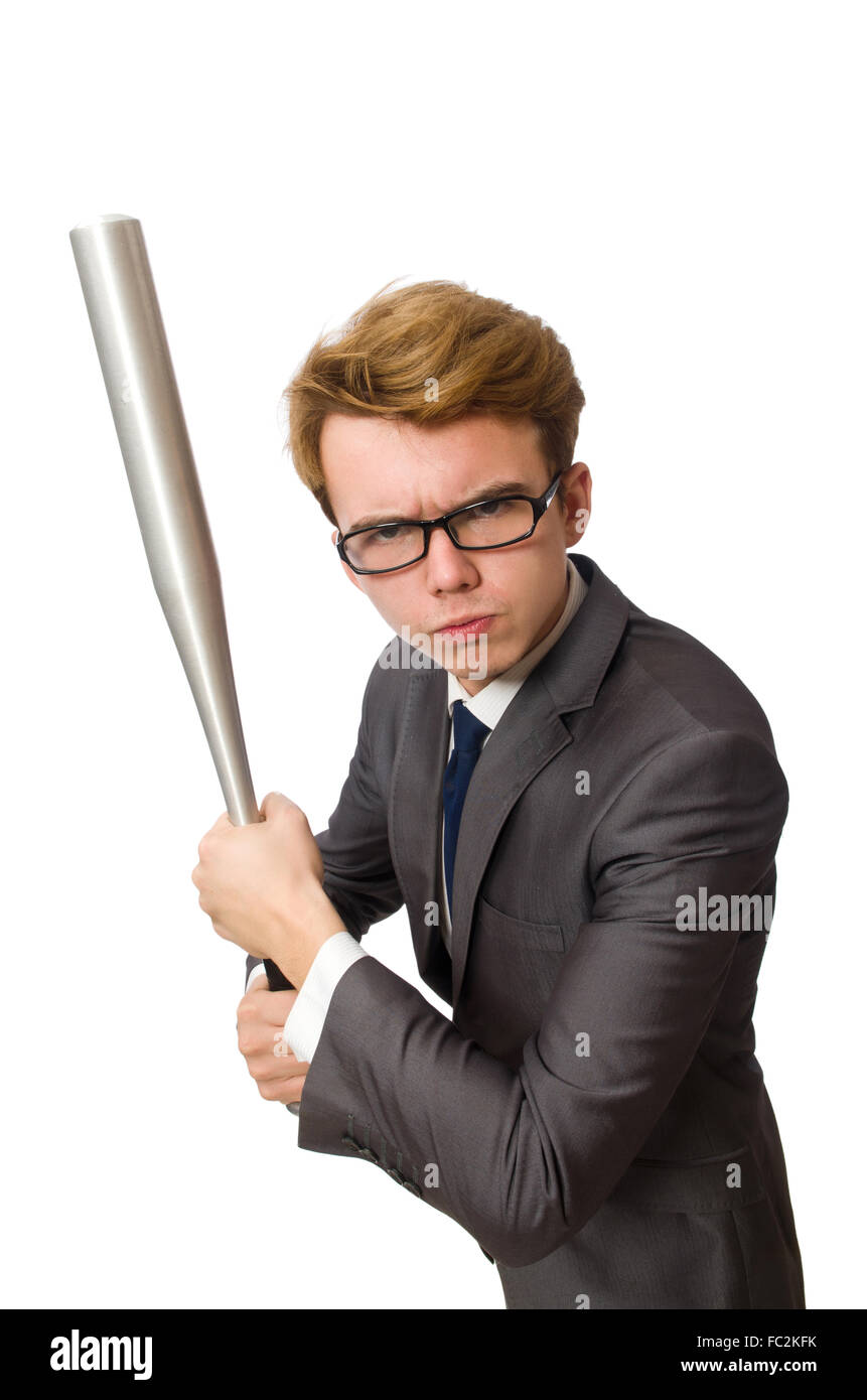 Young businessman with baseball bat isolated on white Stock Photo