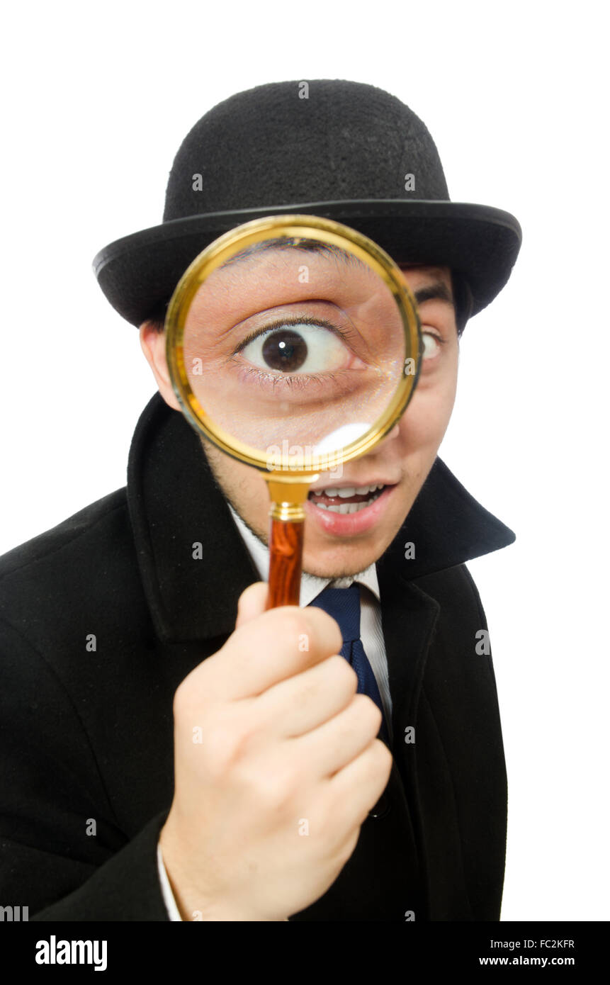 Sherlock Holmes with magnifying glass isolated on white Stock Photo - Alamy